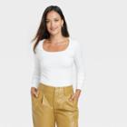 Women's Long Sleeve Slim Fit Square Neck Seamless T-shirt - A New Day White