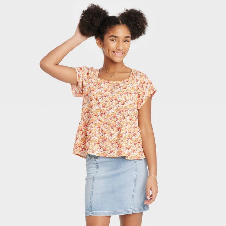 Girls' Peplum Woven Top - Art Class Orange Floral