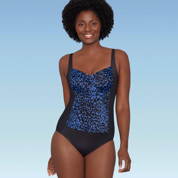 Women's Slimming Control Ruched Front One Piece Swimsuit - Dreamsuit By Miracle Brands Blue