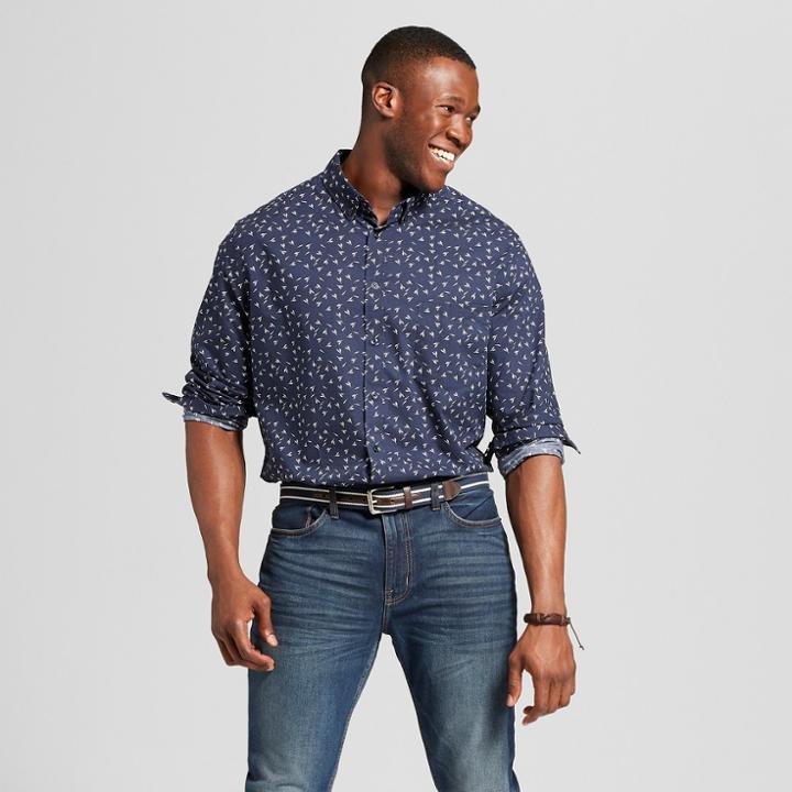 Men's Tall Standard Fit Northrop Long Sleeve Button-down Shirt - Goodfellow & Co True Navy