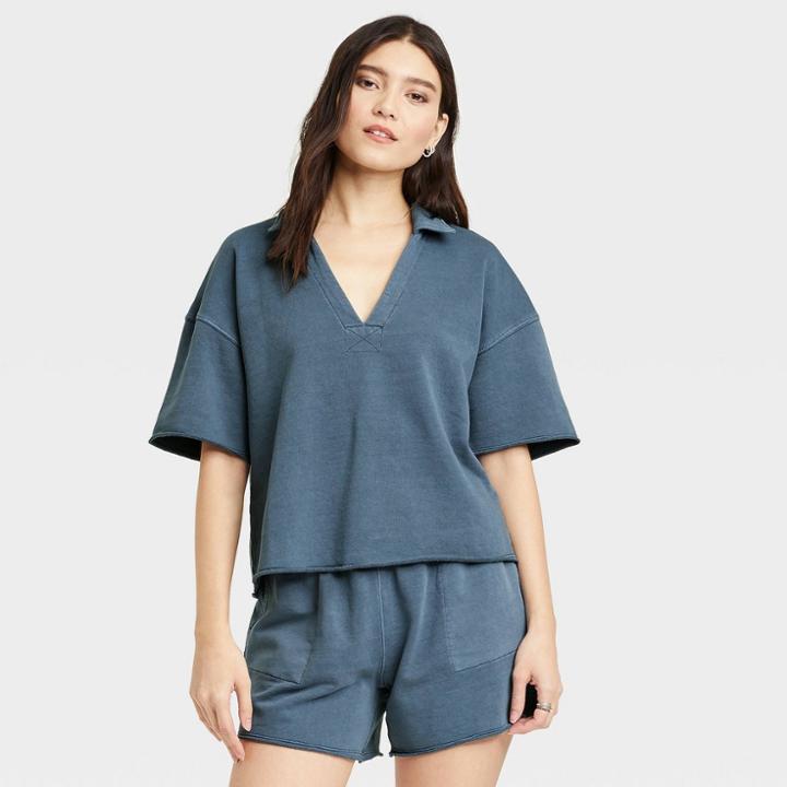 Women's Short Sleeve Collared French Terry Polo T-shirt - Universal Thread Dark Blue
