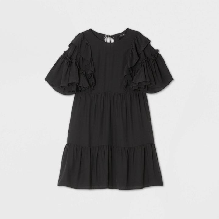 Women's Bell Short Sleeve Silky Ruffle Mini Dress - Who What Wear Black