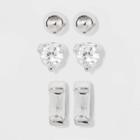 Sterling Silver Cubic Zirconia Round Stud, Baguette And Polished Ball Stud Earring Set - A New Day Silver, Women's