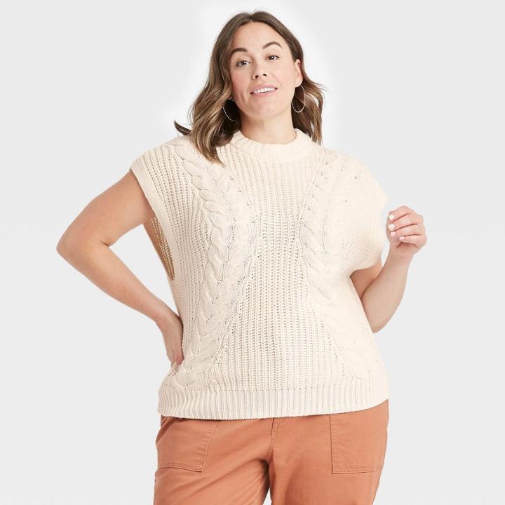 Women's Plus Size Crewneck Cable Knit Sweater Vest - A New Day Cream