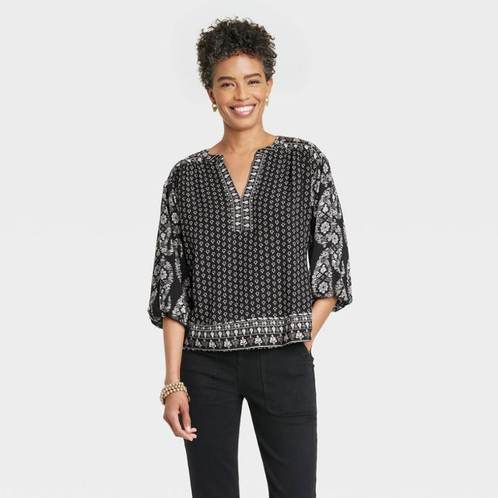 Women's Balloon 3/4 Sleeve Woven Top - Knox Rose Black Paisley