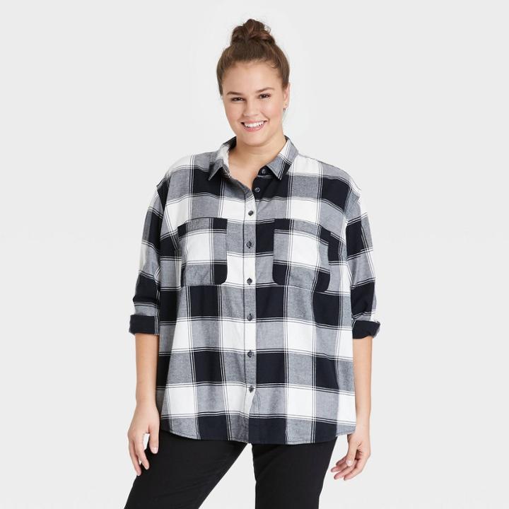 Women's Plus Size Plaid Long Sleeve Button-down Flannel Tunic Top - Ava & Viv White X