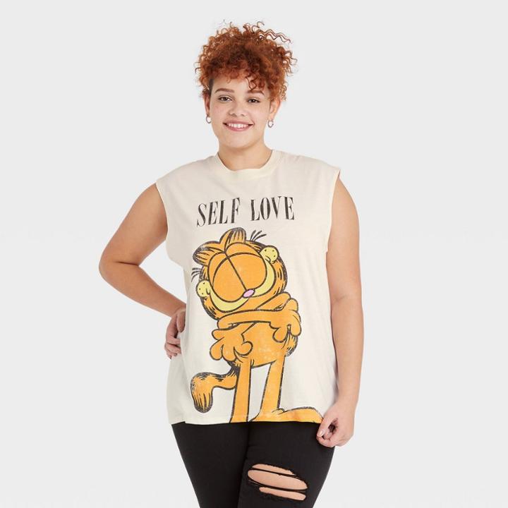 Women's Garfield Plus Size Self Love Muscle Graphic Tank Top - Ivory