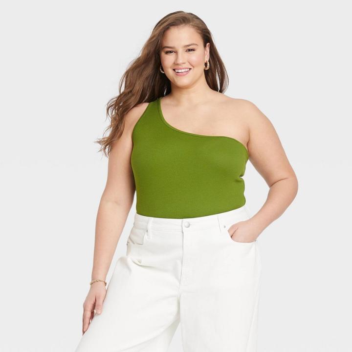 Women's Plus Size Slim Fit One Shoulder Tank Top - A New Day Green