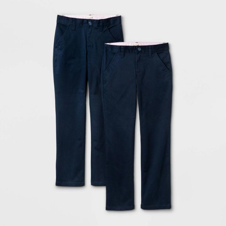 Girls' 2pk Flat Front Stretch Uniform Straight Pants - Cat & Jack Navy
