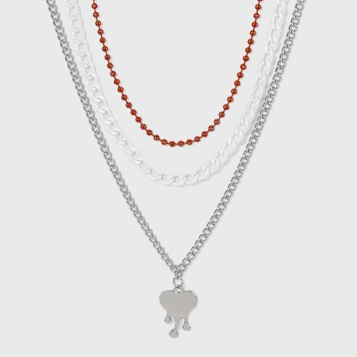 Link Chain And Dripping Heart Charm Necklace Set 3pc - Wild Fable Orange/white/silver