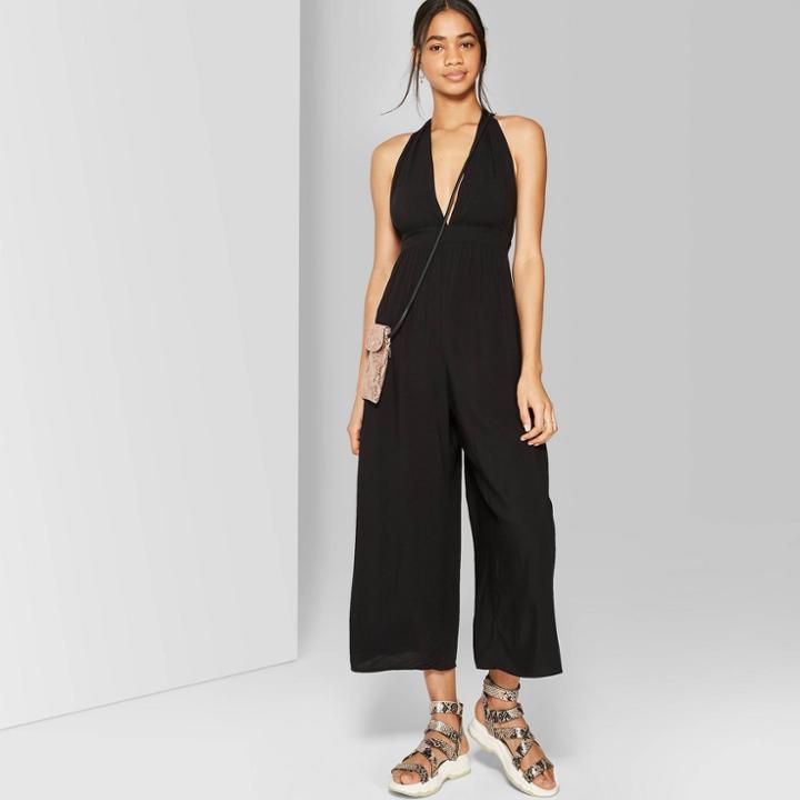Women's Sleeveless Deep V-neck Halter Jumpsuit - Wild Fable Black
