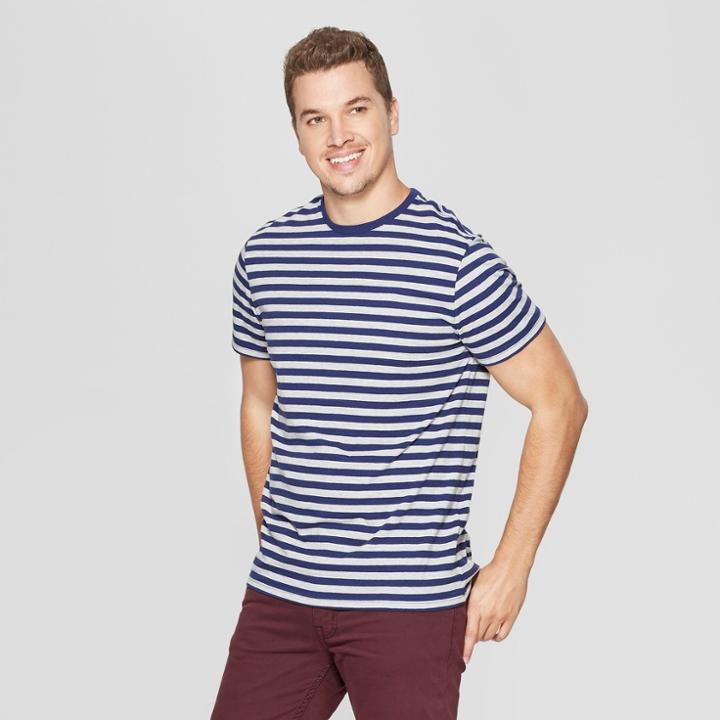 Men's Striped Regular Fit Short Sleeve Novelty Crew T-shirt - Goodfellow & Co Inky Blue