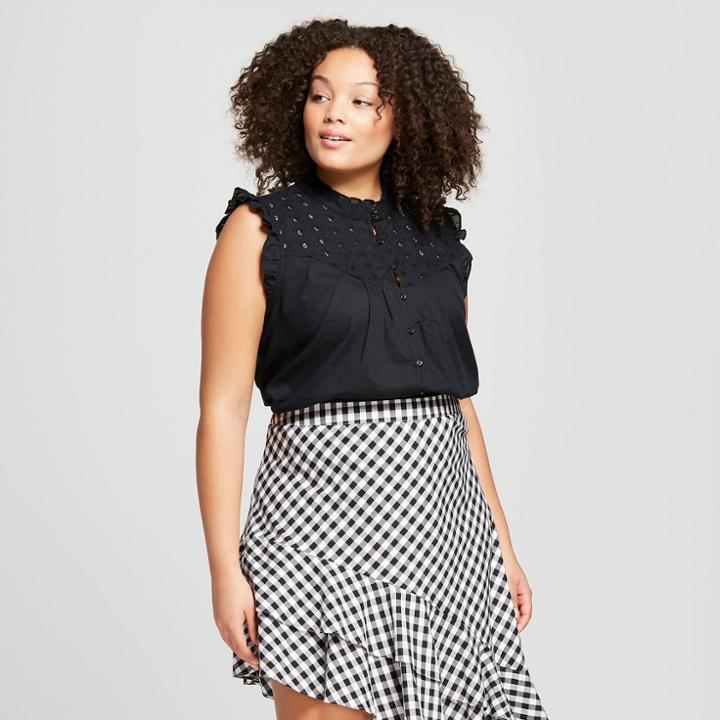 Women's Plus Size Short Sleeve Eyelet Blouse - A New Day Black X