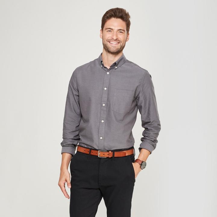 Men's Standard Fit Whittier Oxford Brushed Long Sleeve Collared Button-down Shirt - Goodfellow & Co Zodiac Night