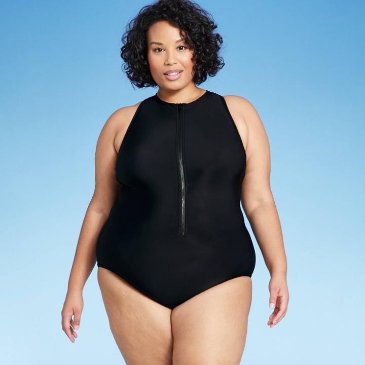 Women's Plus Size High Neck Zip-front One Piece Swimsuit - Aqua Green Black