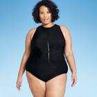 Women's Plus Size High Neck Zip-front One Piece Swimsuit - Aqua Green Black