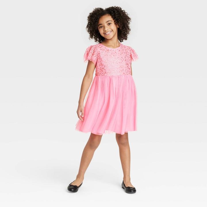 Girls' Short Sleeve Sequin Tulle Dress - Cat & Jack Pink