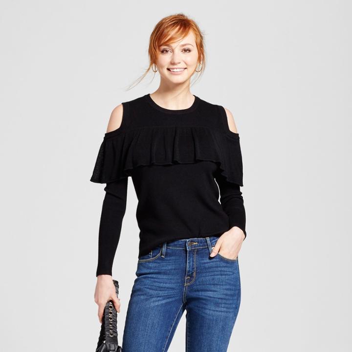 Cliche Women's Cold Shoulder Ruffle Lightweight Sweater - Clich Black