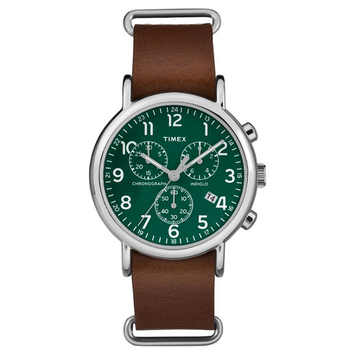 Timex Weekender Slip Thru Leather Strap Chronograph Watch - Brown/green Tw2p97400jt, Adult Unisex