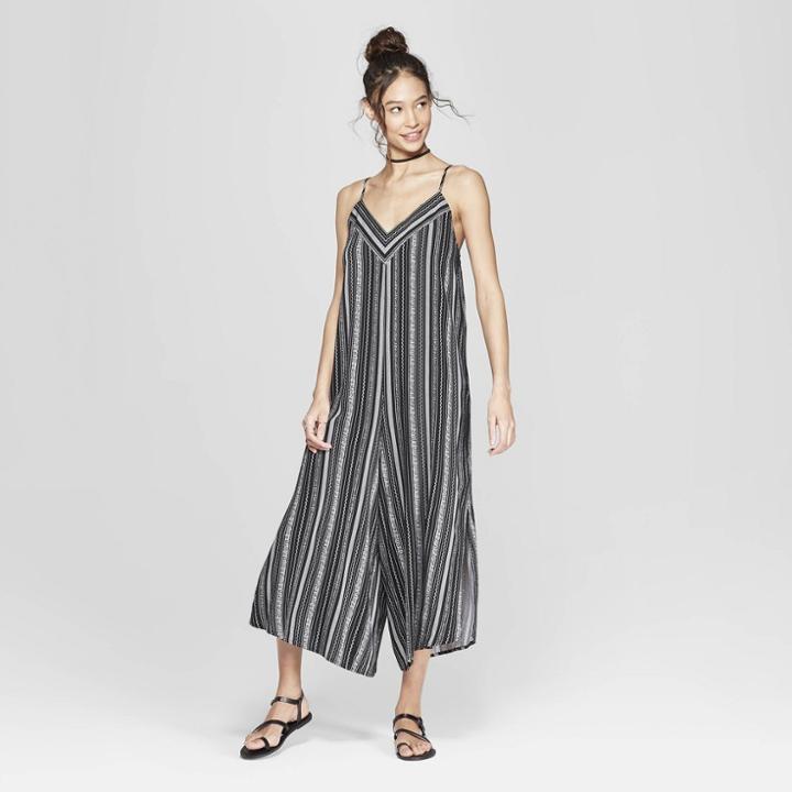 Women's Striped Strappy V-neck Waistless Cropped Jumpsuit - Xhilaration Black/white