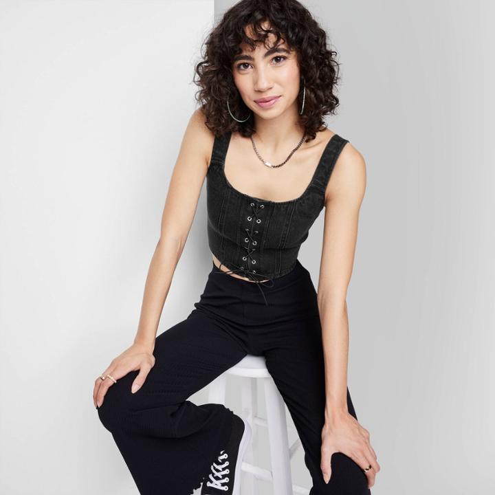 Women's Denim Lace-front Corset Tank Top - Wild Fable Black Wash Xxs