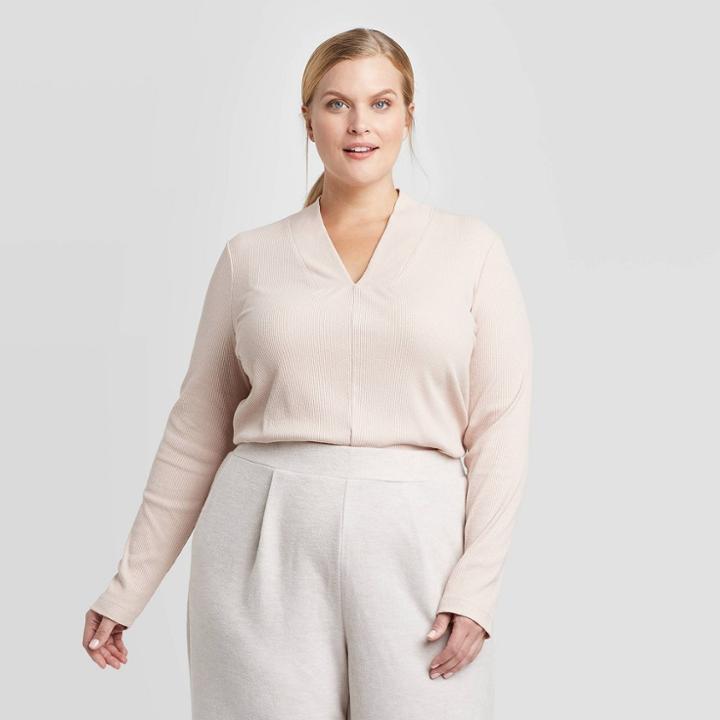Women's Plus Size Long Sleeve V-neck Rib Knit Top - Prologue Blush 1x, Women's, Size:
