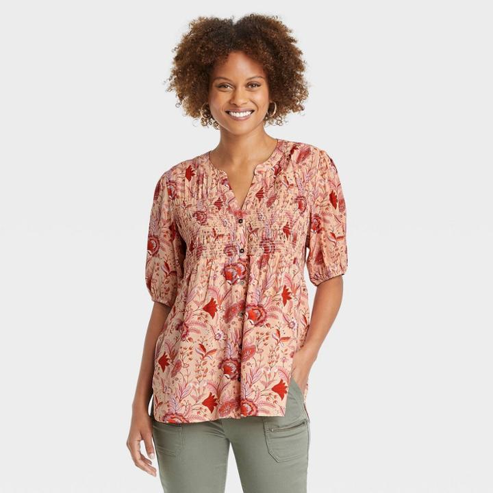Women's Short Sleeve Smocked Button-front Top - Knox Rose Orange Floral