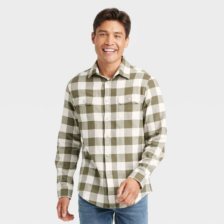 Men's Midweight Flannel Button-down Shirt - Goodfellow & Co Dark Olive Green