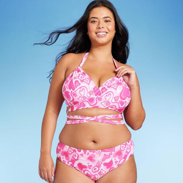 Women's Wrap Bralette Bikini Top - Wild Fable Pink Heart Print X
