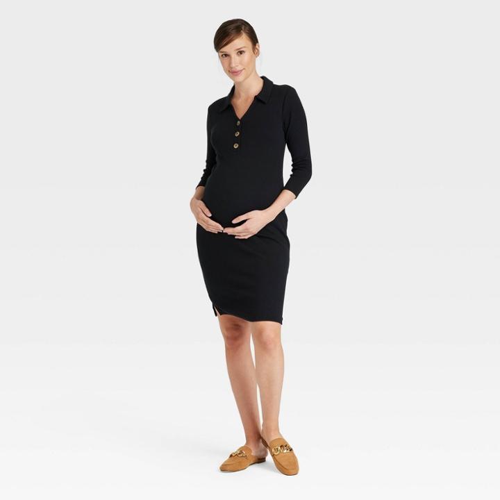 Long Sleeve Rib Polo Maternity Dress - Isabel Maternity By Ingrid & Isabel Black