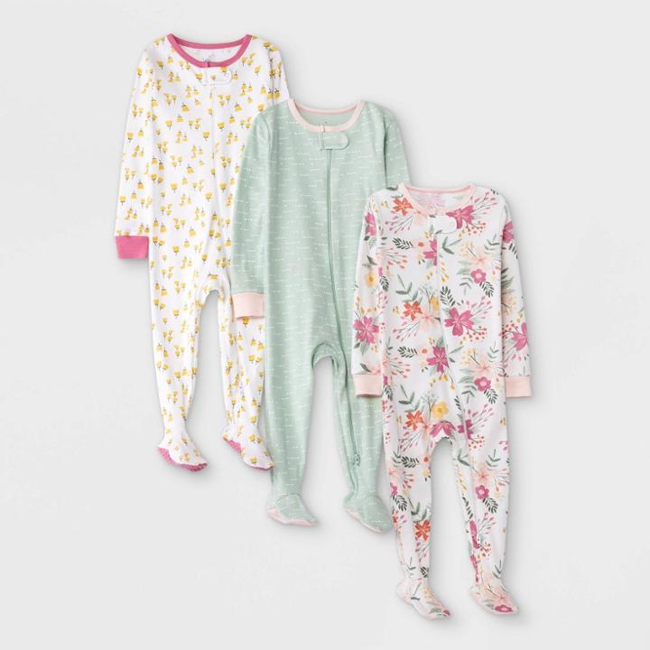 Baby Girls' 3pk Meadow Tight Fit Sleep N' Play - Cloud Island White