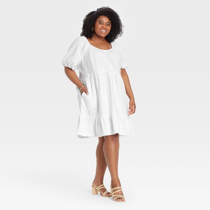 Women's Plus Size Puff Short Sleeve Tiered Babydoll Dress - Universal Thread White