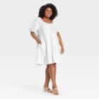 Women's Plus Size Puff Short Sleeve Tiered Babydoll Dress - Universal Thread White