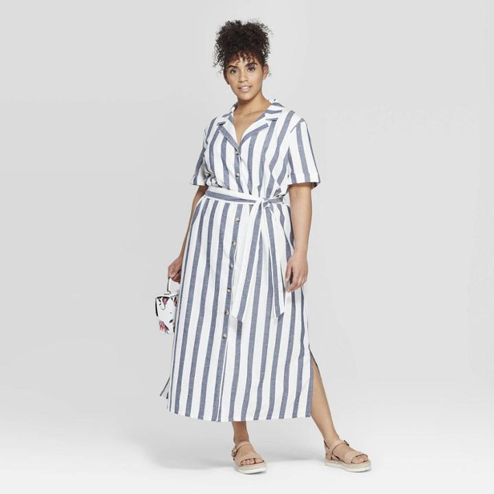 Women's Plus Size Striped Short Sleeve Linen Shirtdress - Ava & Viv White/navy X, Blue