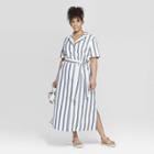 Women's Plus Size Striped Short Sleeve Linen Shirtdress - Ava & Viv White/navy X, Blue