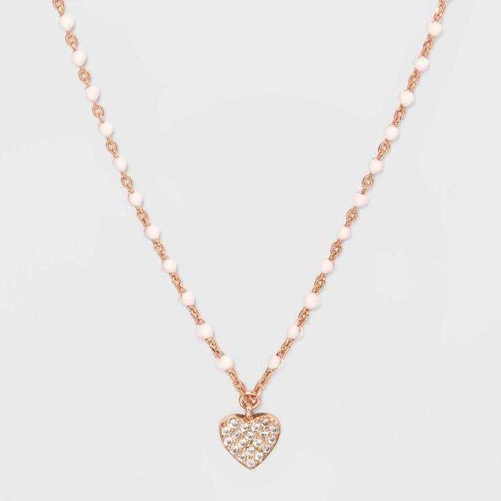 No Brand Heart Clear Beads Necklace - Silver, Women's, Pink