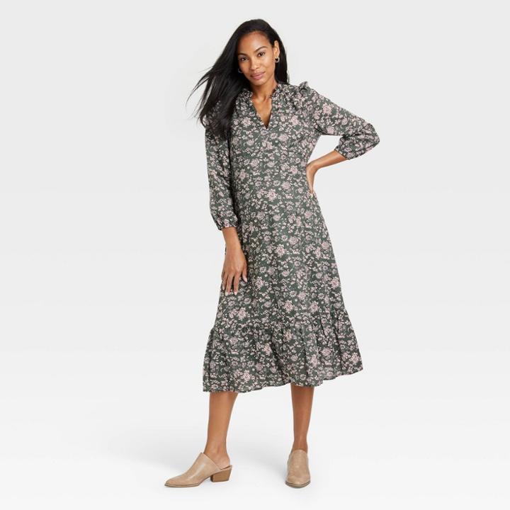 The Nines By Hatch 3/4 Sleeve Tiered Maternity Dress - Olive Green Floral