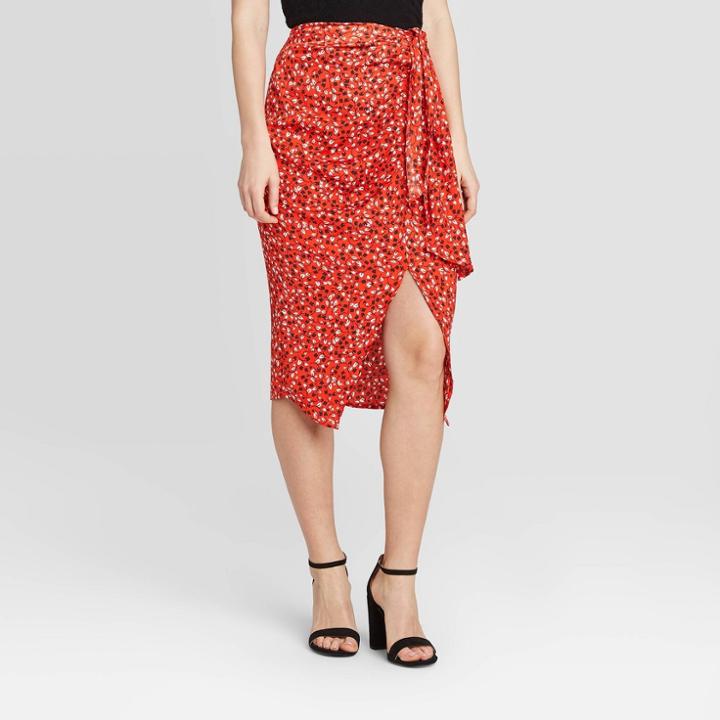 Women's Floral Print Faux Tie Slip Asymmetrical Midi Skirt - Who What Wear Red