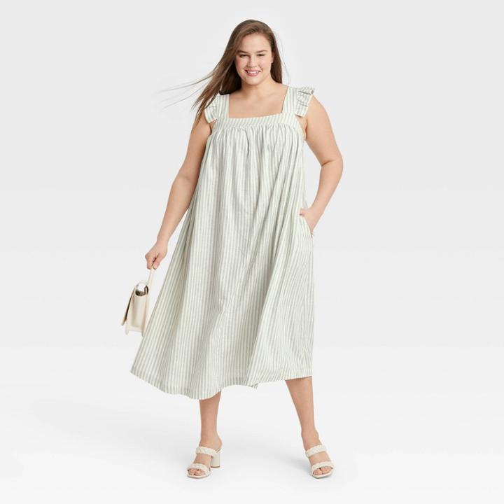 Women's Plus Size Ruffle Short Sleeve A-line Dress - A New Day Cream Striped 4x, Ivory