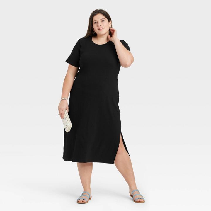 Women's Plus Size Short Sleeve Rib Knit T-shirt Dress - A New Day Black