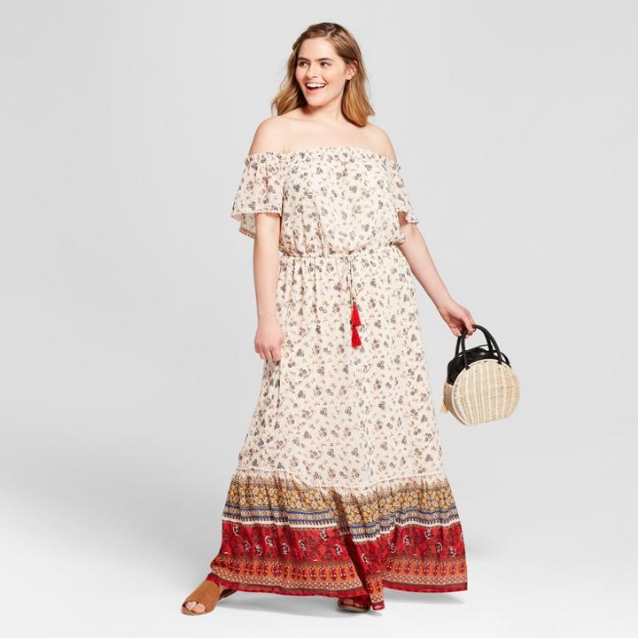 Women's Plus Size Floral Print Off The Shoulder Maxi Dress - Xhilaration Ivory