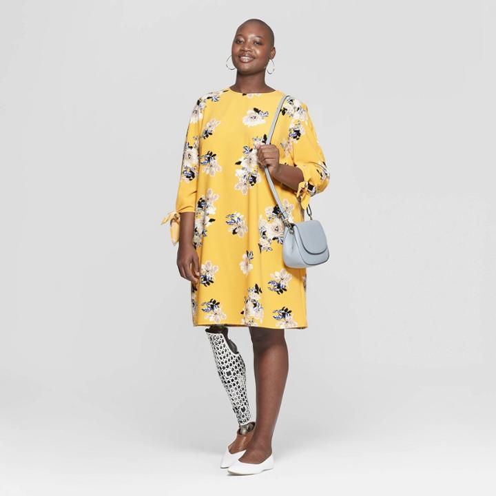 Women's Plus Size Floral Print Tie Sleeve Shift Dress - Ava & Viv Yellow