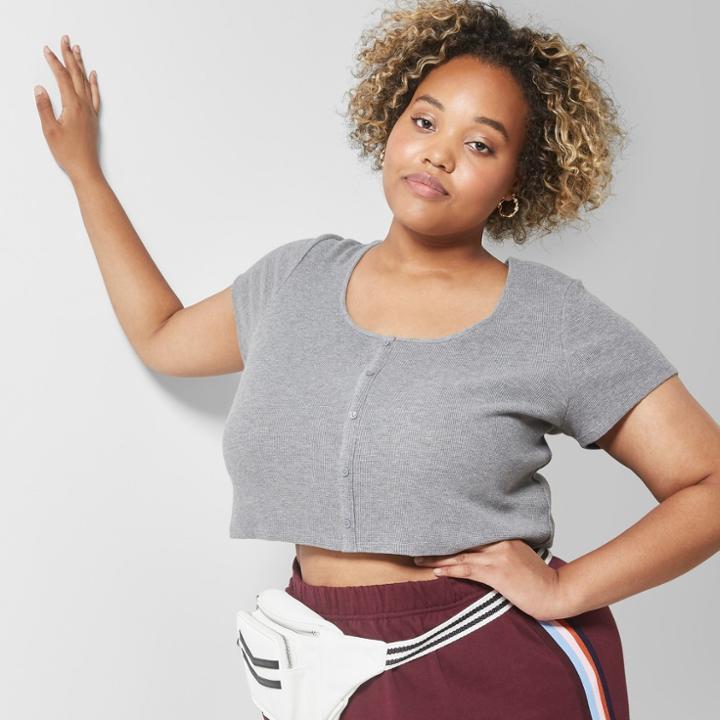 Women's Short Sleeve Button Front Waffle Scoop Neck T-shirt - Wild Fable Heather Gray