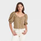 Women's Puff Short Sleeve Button-front Blouse - Universal Thread Plaid Xs, Multicolor Plaid