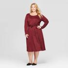 Women's Plus Size Floral Print Long Sleeve Crewneck Midi Dress - Ava & Viv Dark Red X, Women's
