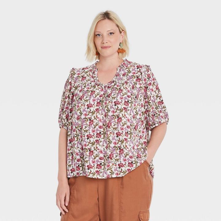 Women's Plus Size Ruffle Short Sleeve V-neck Blouse - Knox Rose Ivory Floral