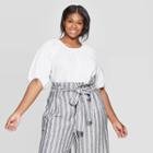 Women's Plus Size Short Puff Sleeve Scoop Neck Contrast Stitch Blouse - Who What Wear Bright White