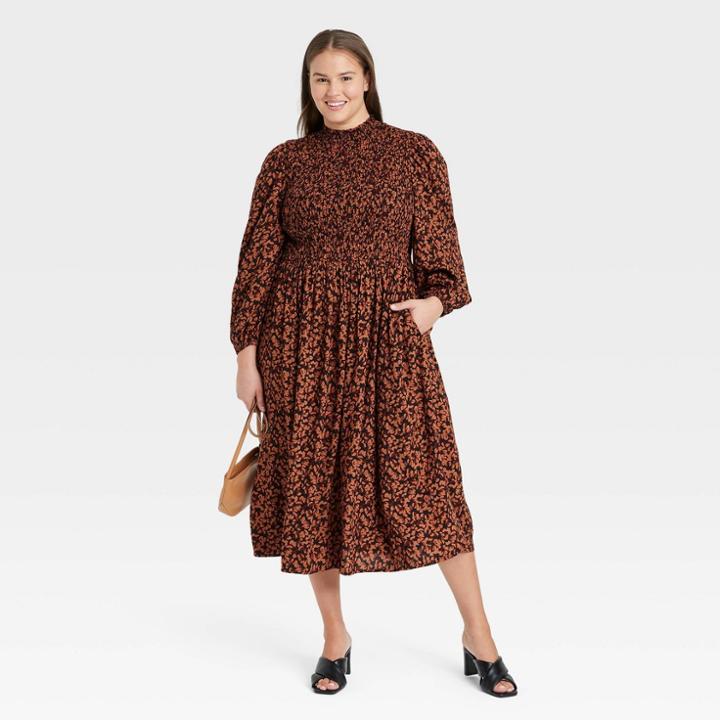 Women's Plus Size Long Sleeve Smocked Bodice Dress - A New Day Brown Floral Print