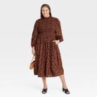 Women's Plus Size Long Sleeve Smocked Bodice Dress - A New Day Brown Floral Print