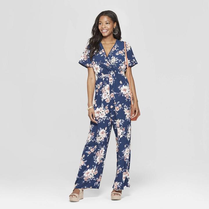 Women's Floral Print Short Sleeve Wrap Jumpsuit - Xhilaration Navy